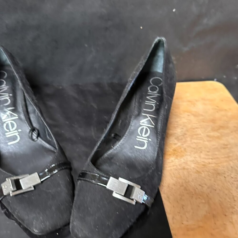 Black Calvin Klein Brush Faux Suede 8.5 Kitten Heel Buckle Square Toe Slip on - Picture 8 of 10